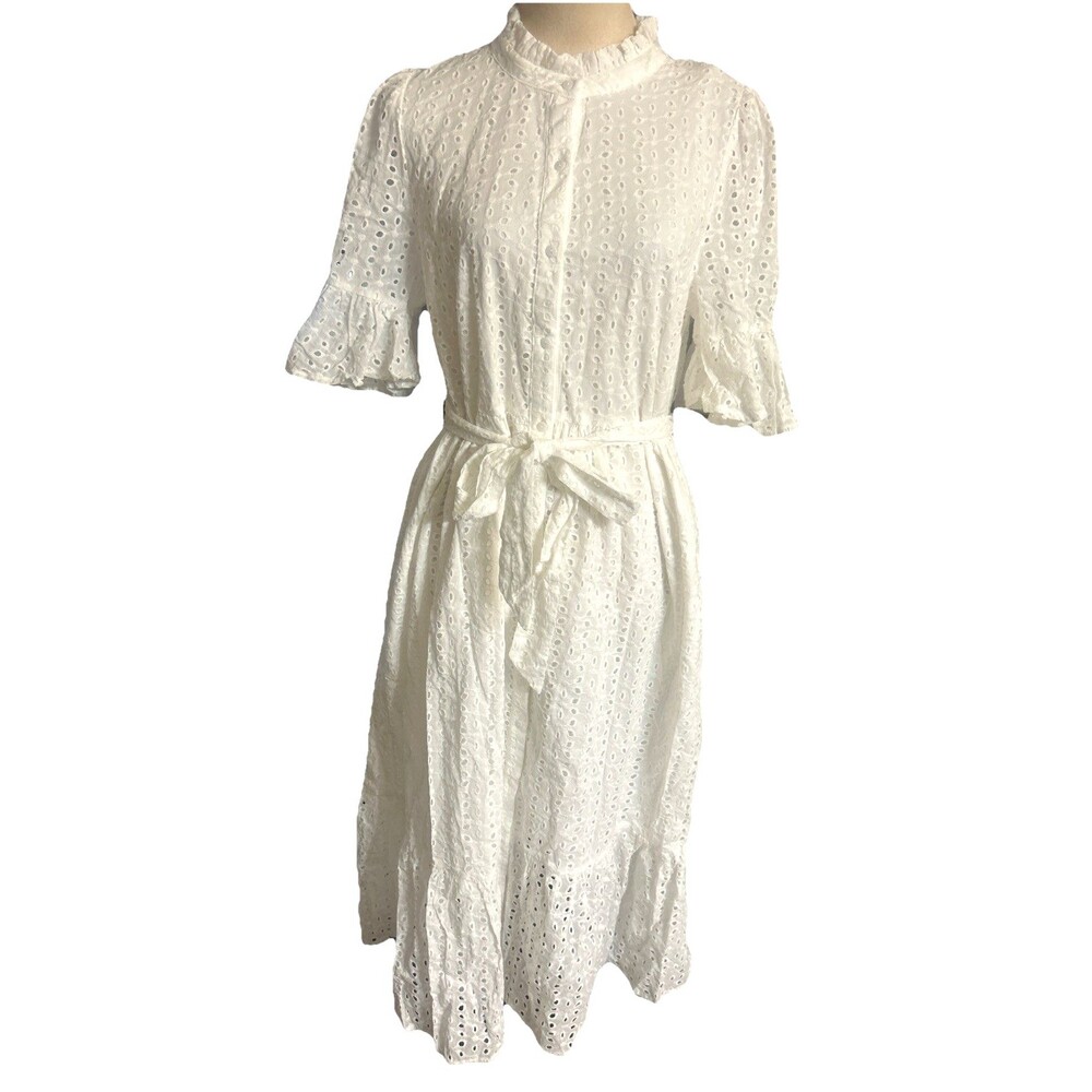 Sugarlips Kaylie Eyelet Sz M White Button Down Ruffle Midi Belted Cotton Dress - Picture 4 of 15